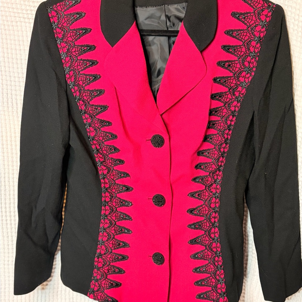 Lilli Ann Vintage Black and Fuchsia Lace-Trim Notched Blazer